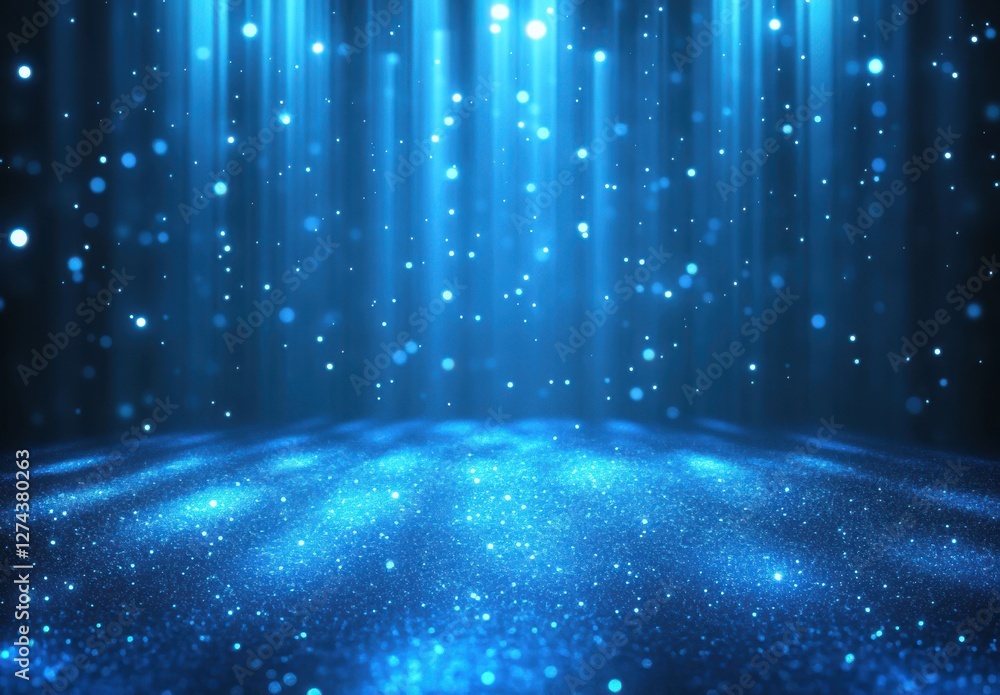Poster ethereal blue light rays and glowing particles create a magical atmosphere in a dark space backgroun