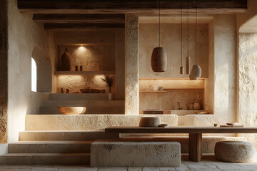 Sunlit minimalist dining space.  Earthy tones and natural textures create a serene, calming atmosphere.  Perfect for interior design, architecture, lifestyle, and travel blogs.