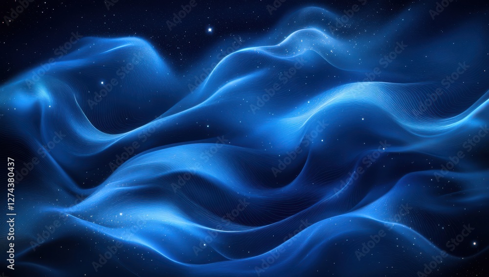 Poster ethereal blue waves with subtle light effects and cosmic stars on a deep space background for abstra