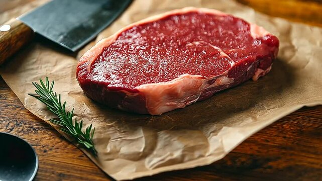 A raw, uncooked ossobuco beef cut sitting on a round wooden plate, highlighting its rich marbling and creamy white bone marrow.