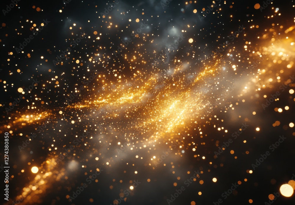 Poster ethereal cosmic scene with glowing golden particles amidst dark space background and subtle nebula c