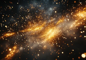 Fototapeta premium Ethereal Cosmic Scene with Glowing Golden Particles Amidst Dark Space Background and Subtle Nebula Clouds Creating a Dreamlike Atmosphere