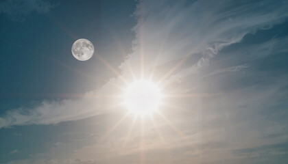 Sun and moon coexist in serene sky with gentle clouds, celestial harmony