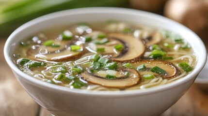Delicate clear broth with sliced mushrooms and green onions, served in an elegant white bowl. --chaos 20 --ar 16:9 --quality 2 --v 6.1 Job ID: fb3f018a-e573-4f6b-8056-79622c4f71e0