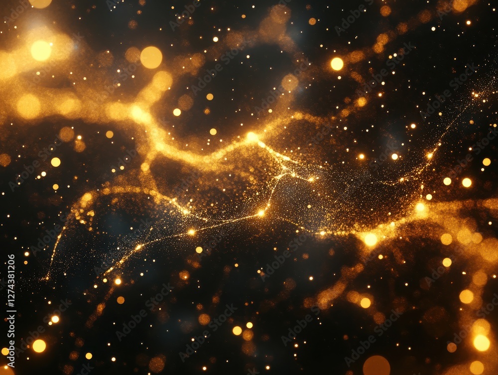 Poster ethereal golden sparkle background with glowing lights and dazzling particles in a dark space for cr