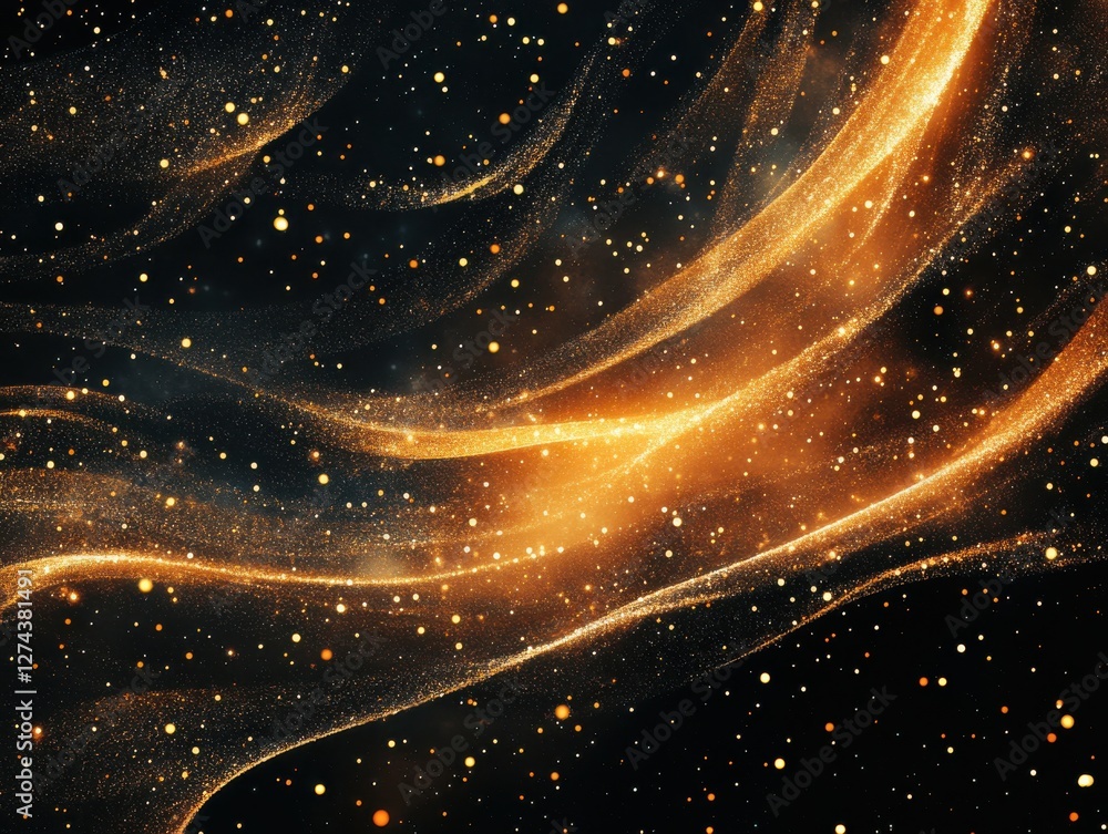 Poster ethereal golden waves of light with sparkles and shimmering particles in a dark space background for
