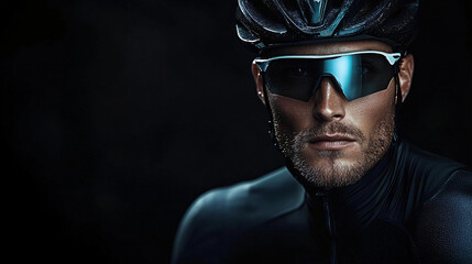 A confident cyclist in a dramatic low-light setting, ideal for promoting cycling, triathlons, or sports events with focus on determination and strength.