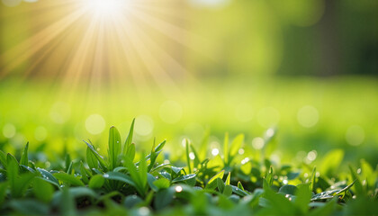 Obraz premium Dewdrops glistening on vibrant green grass, nature's beauty