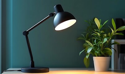 Stylish black desk lamp illuminating a cozy workspace with a green plant nearby Home, house, indoor, living room, room, interior
