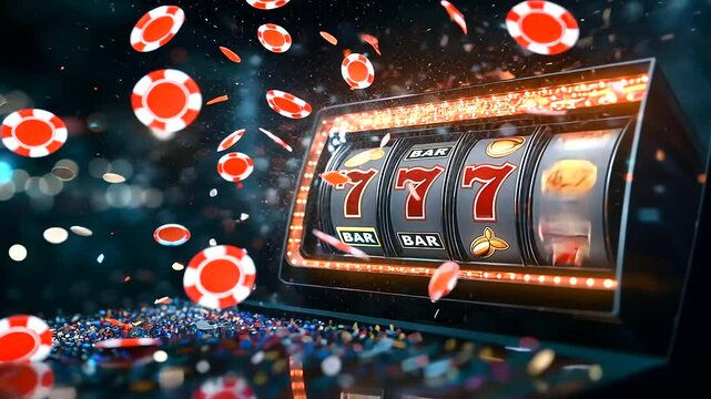 An abstract, vibrant casino slot machine background, with neon-lit  symbols in gold and a large jackpot sign, surrounded by sparkling lights and dynamic bursts of color. The fes
