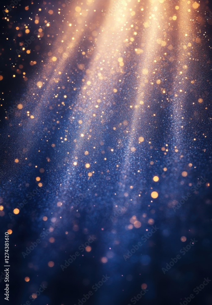 Poster ethereal light rays illuminating sparkling dust particles in a dark background for abstract or mysti