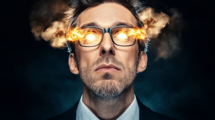 Fototapeta premium Man with glasses and a beard is staring at the camera with a fire in his eyes. Concept of intensity and focus, as if the man is completely absorbed in whatever he is looking at