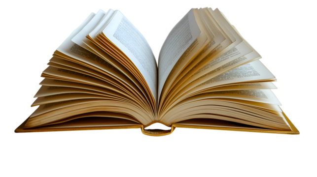 Golden Open Book Antique Pages, Vintage Literature for Education and Knowledge Themes, isolated on transparent background.