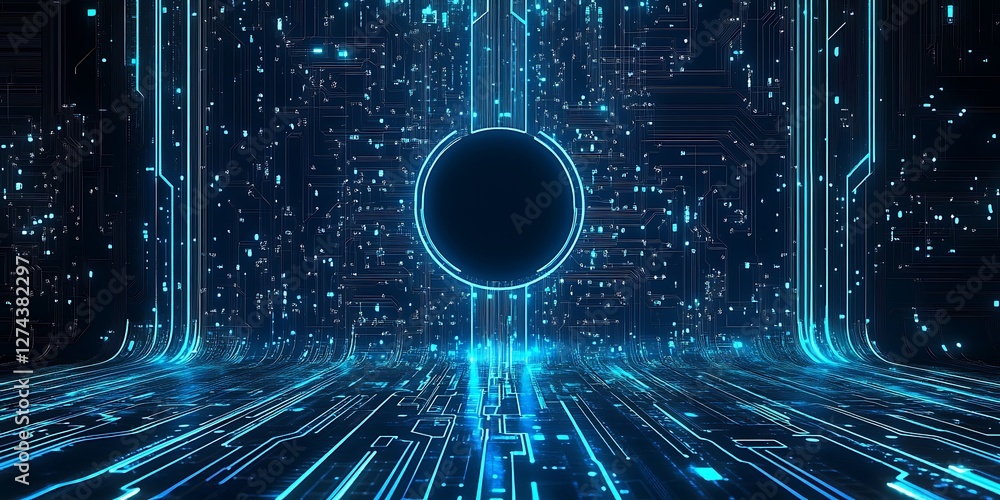 Poster futuristic circuit board background with intricate neon blue patterns and designs. circuit board wit