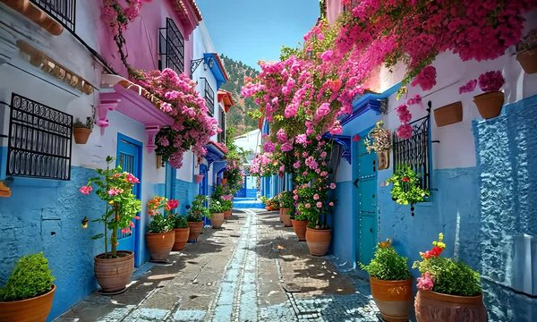 Amalfi coast look-like landscape, Italian town on the sea, terraced houses decorated with flowers. Mediterranean travel concept