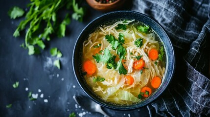 Simple clear soup with cabbage, carrots, and a light chicken broth. 