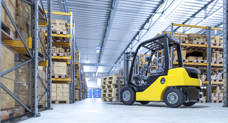 Yellow forklift carrying wooden pallets