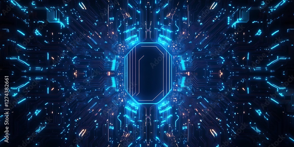 Poster futuristic circuit board background with intricate neon blue patterns and designs. circuit board wit