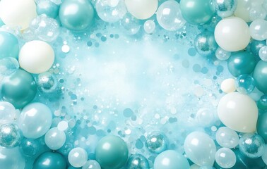 Festive Background with a Assortment of Teal, White and Silver Balloons on a Light Blue Surface for Celebrations and Events Decoration