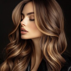 Naklejka premium Captivating brunette woman with wavy hair and closed eyes against a dark backdrop showcasing beauty and elegance in a studio shot