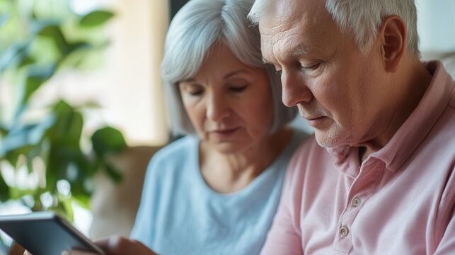 Senior Couple Using Tablet at Home for Online Communication and Entertainment in Cozy Living Room Setting