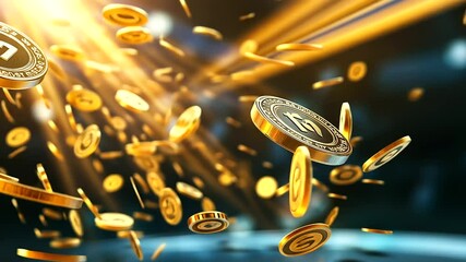 An abstract online casino scene, where gold jackpot symbols and large  icons float against a background of radiant beams of light. The vibrant colors and dynamic design give the