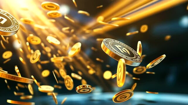 An abstract online casino scene, where gold jackpot symbols and large  icons float against a background of radiant beams of light. The vibrant colors and dynamic design give the