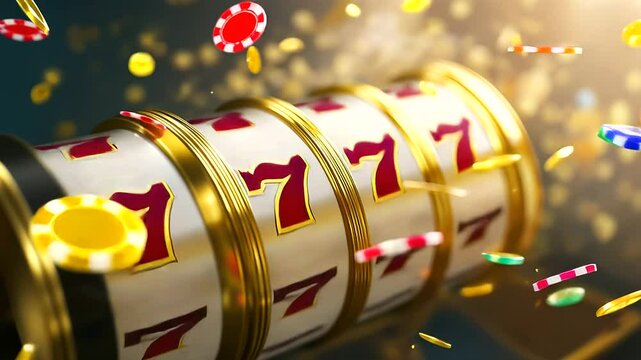 A dazzling casino banner background with bold gold  jackpot symbols, surrounded by a flurry of abstract swirling light beams and colorful confetti. The scene captures the excite