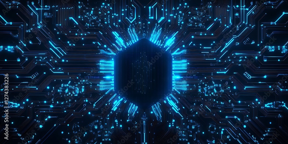 Poster futuristic circuit board background with intricate neon blue patterns and designs. circuit board wit