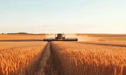 Fototapeta premium The vast wheat field stretches under a clear sky as a farmer skillfully operates a combine harvester, gathering the ripe crop during the golden hour of harvest.,
