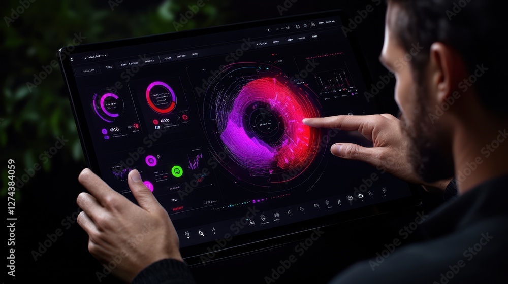 Poster touchscreen interactive business dashboard. a futuristic business tool where users interact with a f