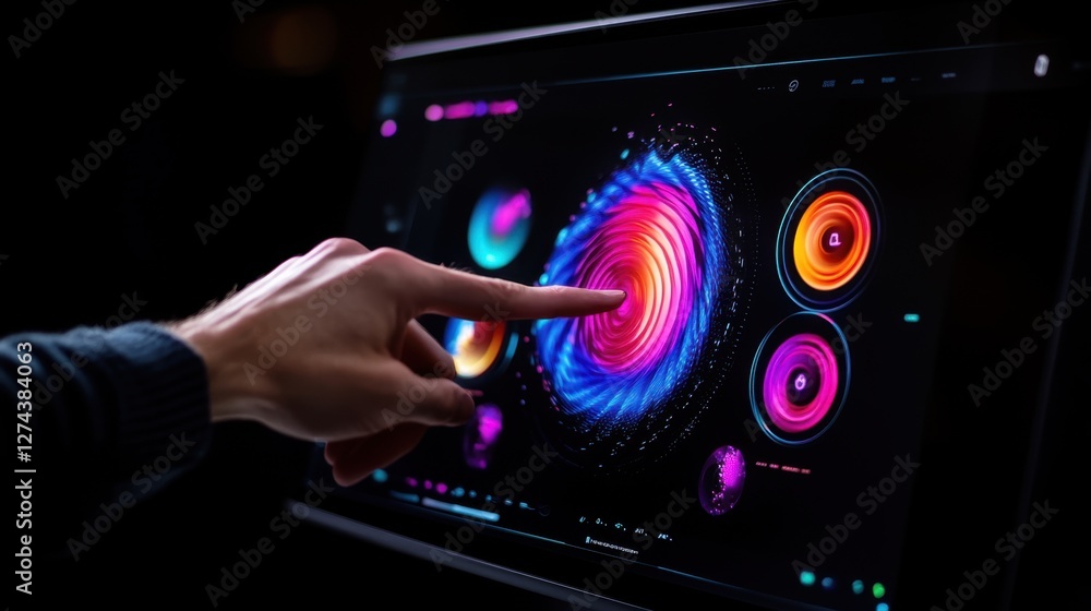 Poster touchscreen interactive business dashboard. a futuristic business tool where users interact with a f
