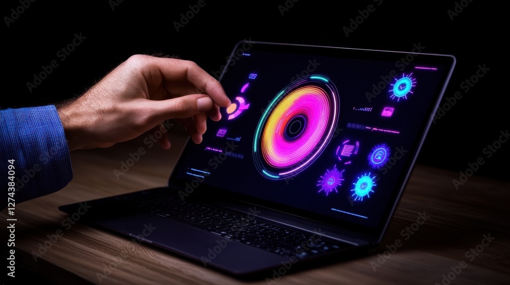 Poster touchscreen interactive business dashboard. a futuristic business tool where users interact with a f