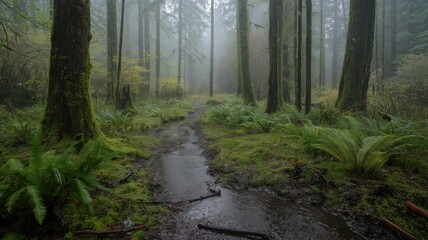 Obraz premium Misty Forest Path Tranquil Woodland Scene with Lush Greenery and a Stream