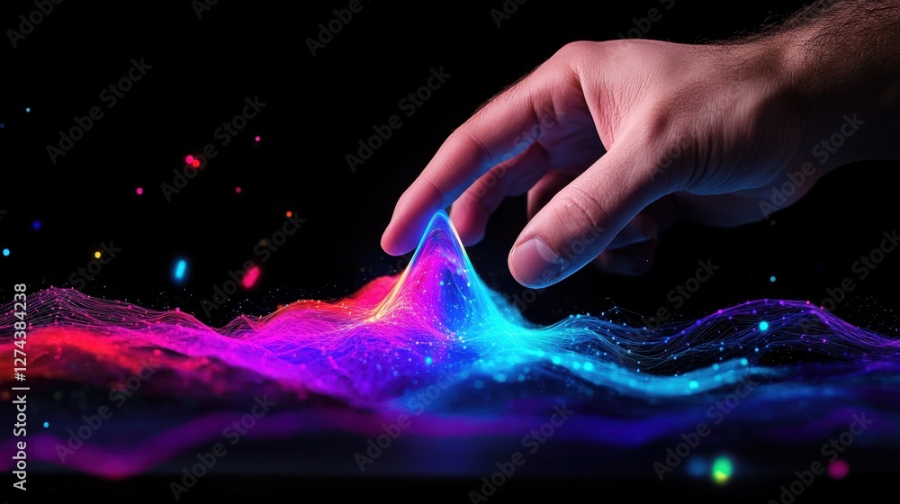 Poster virtual network connections. a hand hovering over a screen, surrounded by vibrant, digital lines rep