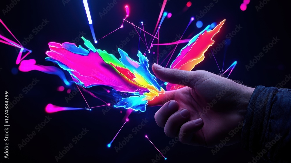 Poster virtual network connections. a hand hovering over a screen, surrounded by vibrant, digital lines rep