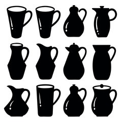 Collection of Black Silhouettes of jug icon set design