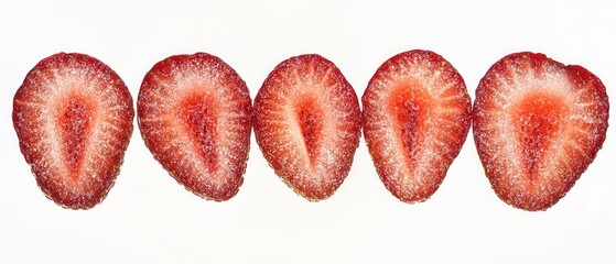 Sliced strawberries on a white background for food photography, healthy lifestyle, and summer recipes, featuring fresh fruit close-up details.