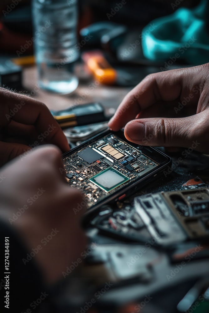 Poster Smartphone repair process with hands working on a mobile device circuit board and tools on a cluttered workspace table, technology maintenance service