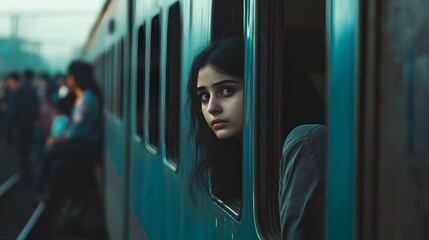 Lone Passenger Gazes Out Train Window Amidst Bustling Commuters