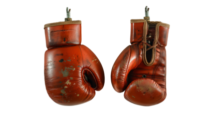 Red Boxing Gloves on Rope Vintage Sport Gear, Retro Style for Power Training, isolated on transparent background.