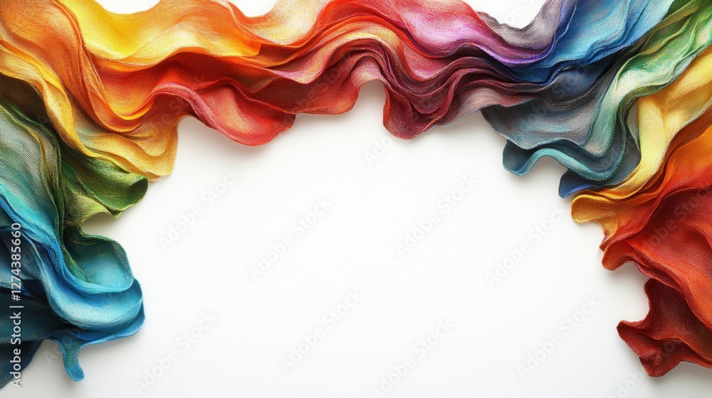 Poster vibrant rainbow textile art on white backdrop creating a dynamic colorful wave pattern for design pr