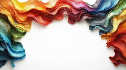 Vibrant rainbow textile art on white backdrop creating a dynamic colorful wave pattern for design projects