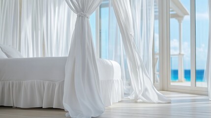 Luxurious honeymoon suite features a canopy bed and airy white curtains, offering breathtaking ocean views and soft natural light