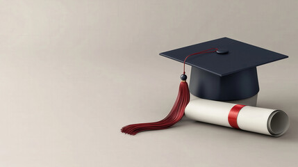 Graduation cap and diploma on a light background, symbolizing educational achievement and success