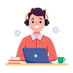 man in headphones, studying at laptop. Happy female student watching business webinar. Video conference call, remote work communication. Flat vector illustration isolated on white background