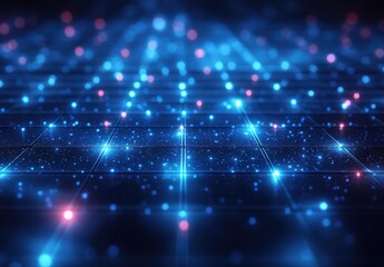 Naklejka premium Futuristic glowing grid with shimmering particles in blue and pink tones, creating an abstract digital landscape for virtual technology themes