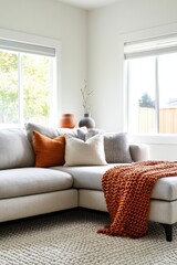 Fototapeta premium Cozy hygge living room with a soft boucle sectional, a burnt orange knitted throw, warm wooden textures, layered lighting, and sculptural ceramics.