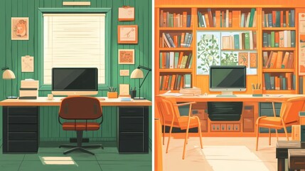Two home offices, one green, one orange, bookshelves, computers, work