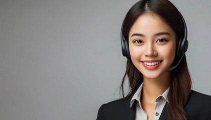 Enthusiastic Asian Female Call Center Operator Advertises Job Opportunity, Wearing Formal Suit And Headset In Empty Space With Happy Smile.